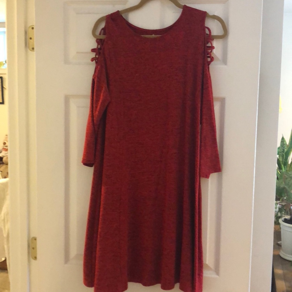 Red Sweater Cold Shoulder Shift Dress